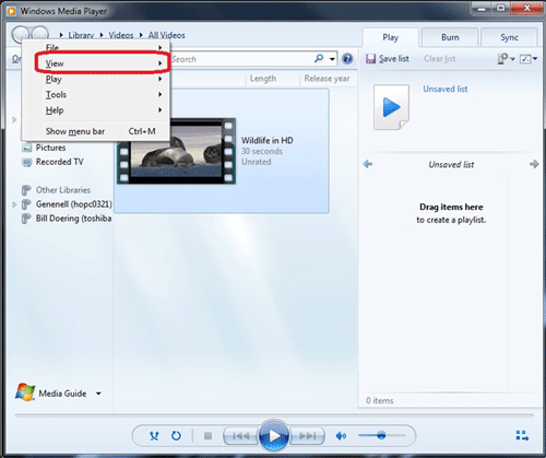 Windows Media Player, Alt, View